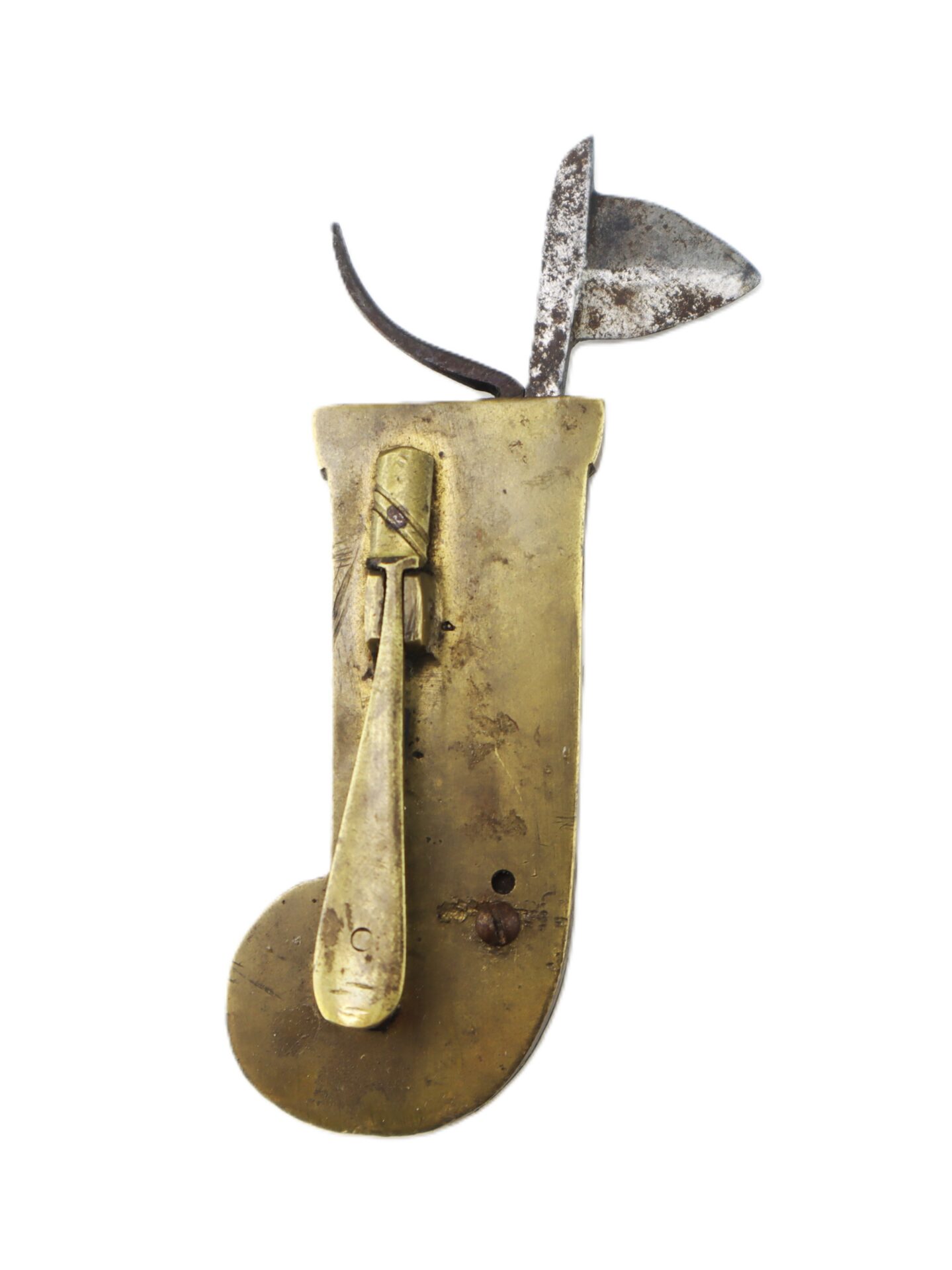 AUTO-DRAFT (Copy), a wall-mounted hook constructed from brass and iron, features a curved base, lever, and a pointed blade attached at the top. The product is shown isolated on a white background.