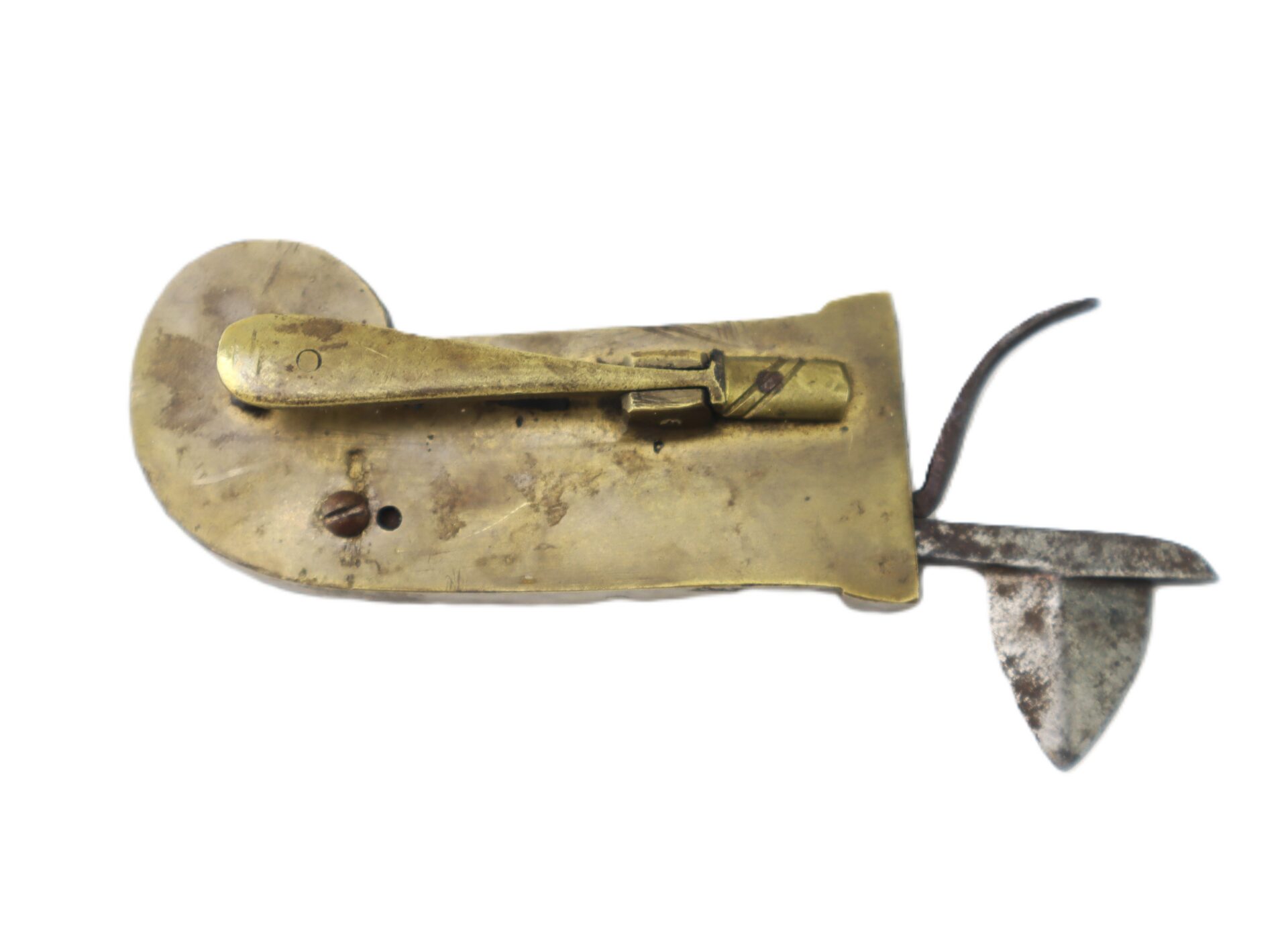 AUTO-DRAFT (Copy) is an old-fashioned brass and steel fire striker tool featuring a curved handle, a metal blade, and a flint, shown isolated on a white background.