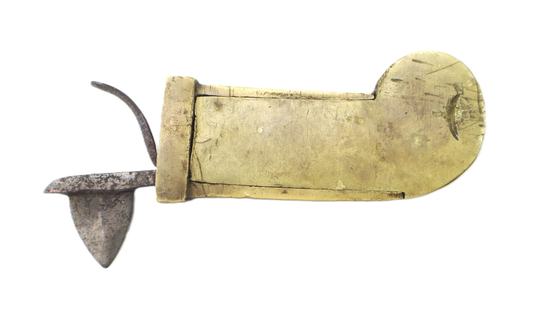 A product named AUTO-DRAFT (Copy), made of brass and iron, shaped like a sandal with a blade and metal lever attached, is photographed on a white background.