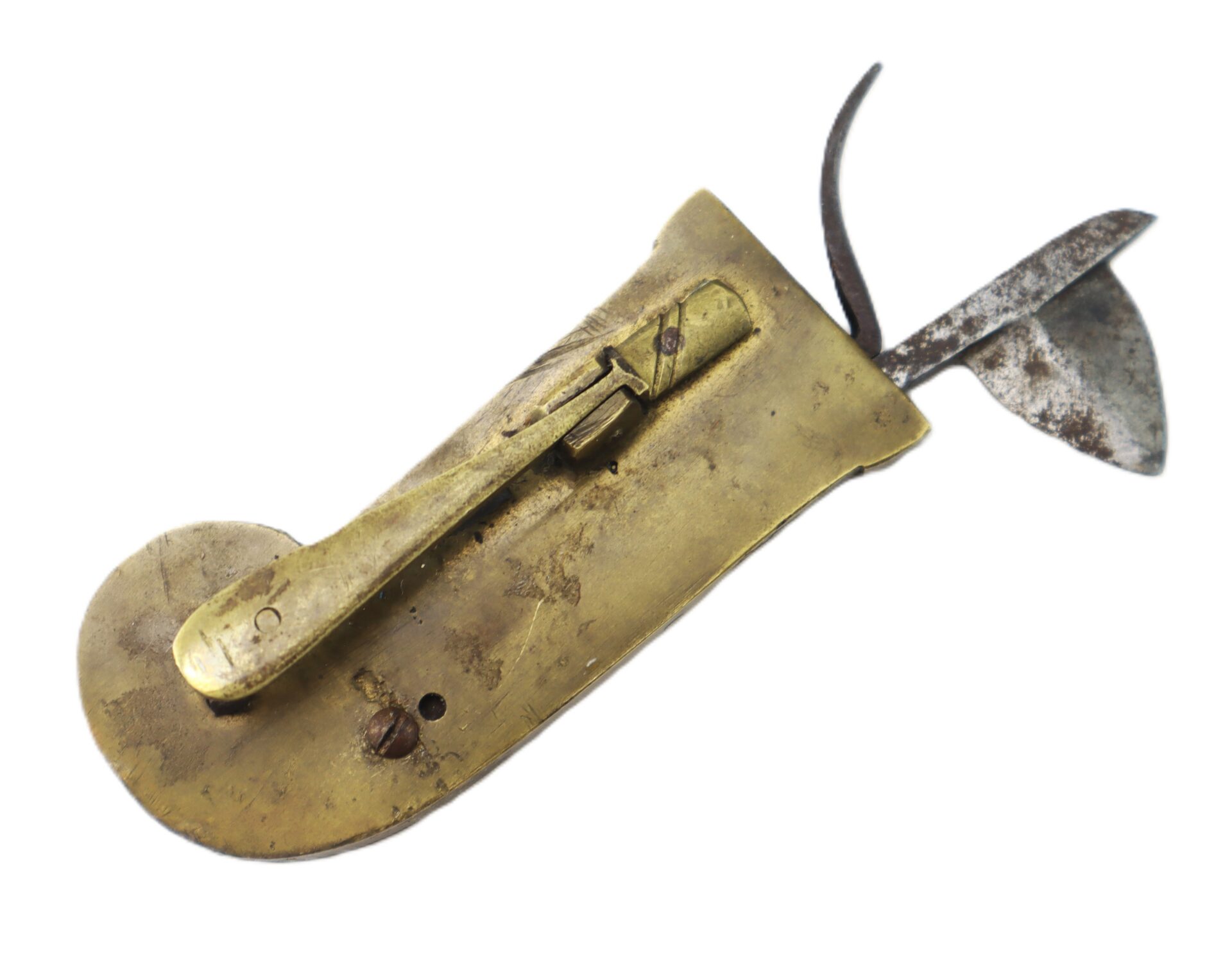 AUTO-DRAFT (Copy), a vintage bloodletting tool crafted from brass and steel with a spring-loaded blade, displayed on a white background.