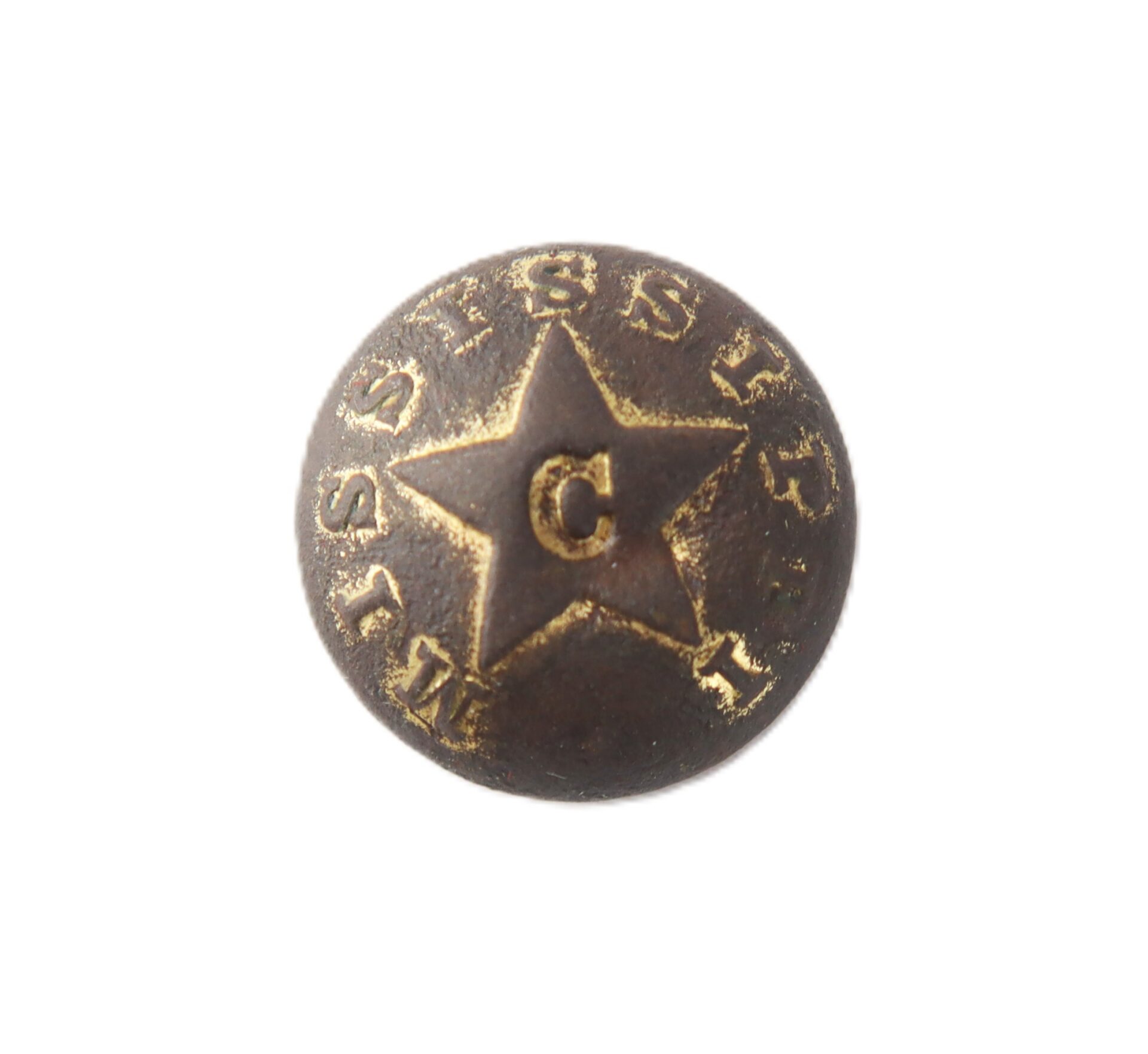 Mississippi Cavalry Button: a round metal button featuring a star in the center with a “C” inside the star and “MISSISSIPPI” embossed around the edge, displayed on a white background.