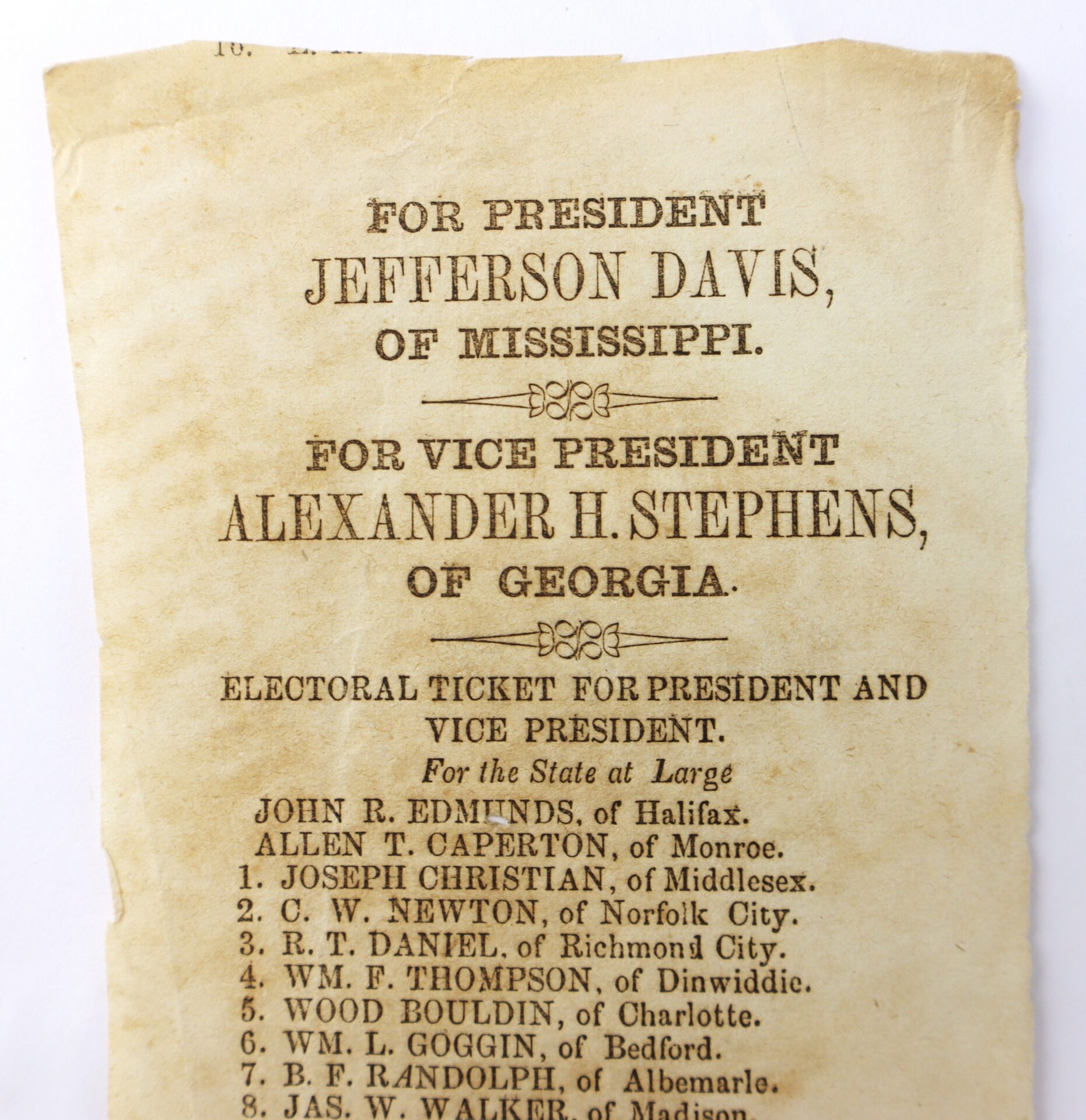 A vintage election ticket listing Jefferson Davis for president and Alexander H. Stephens for vice president, along with names of electors from various states.