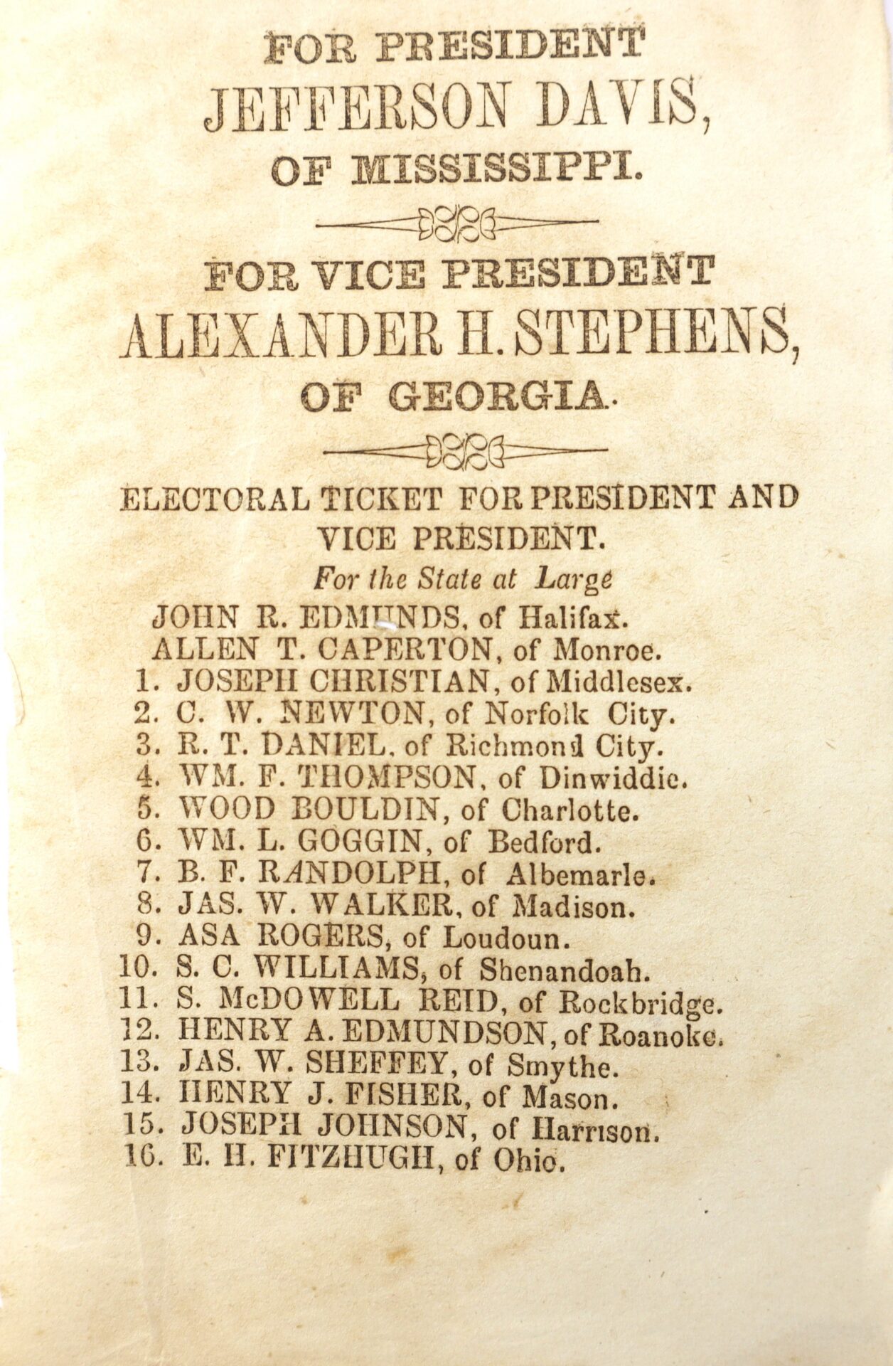 Old printed ballot listing Jefferson Davis for president and Alexander H. Stephens for vice president, with names of electors from various counties and states.