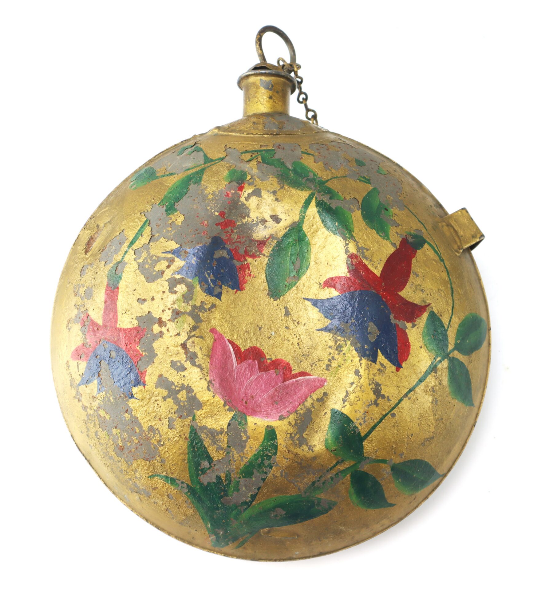 Round metal canteen with a gold-colored finish, painted floral designs in red, blue, and green, and a small chain attached to the top.