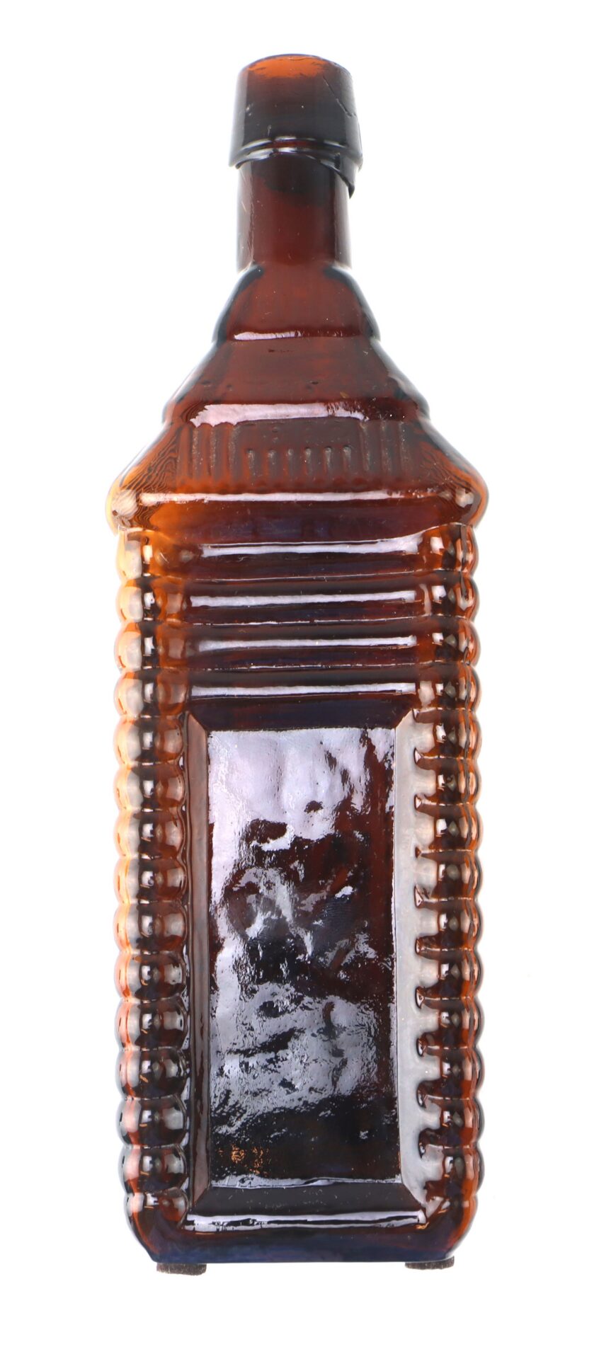 A brown rectangular glass bottle with ribbed sides and a narrow neck, displayed upright against a white background.