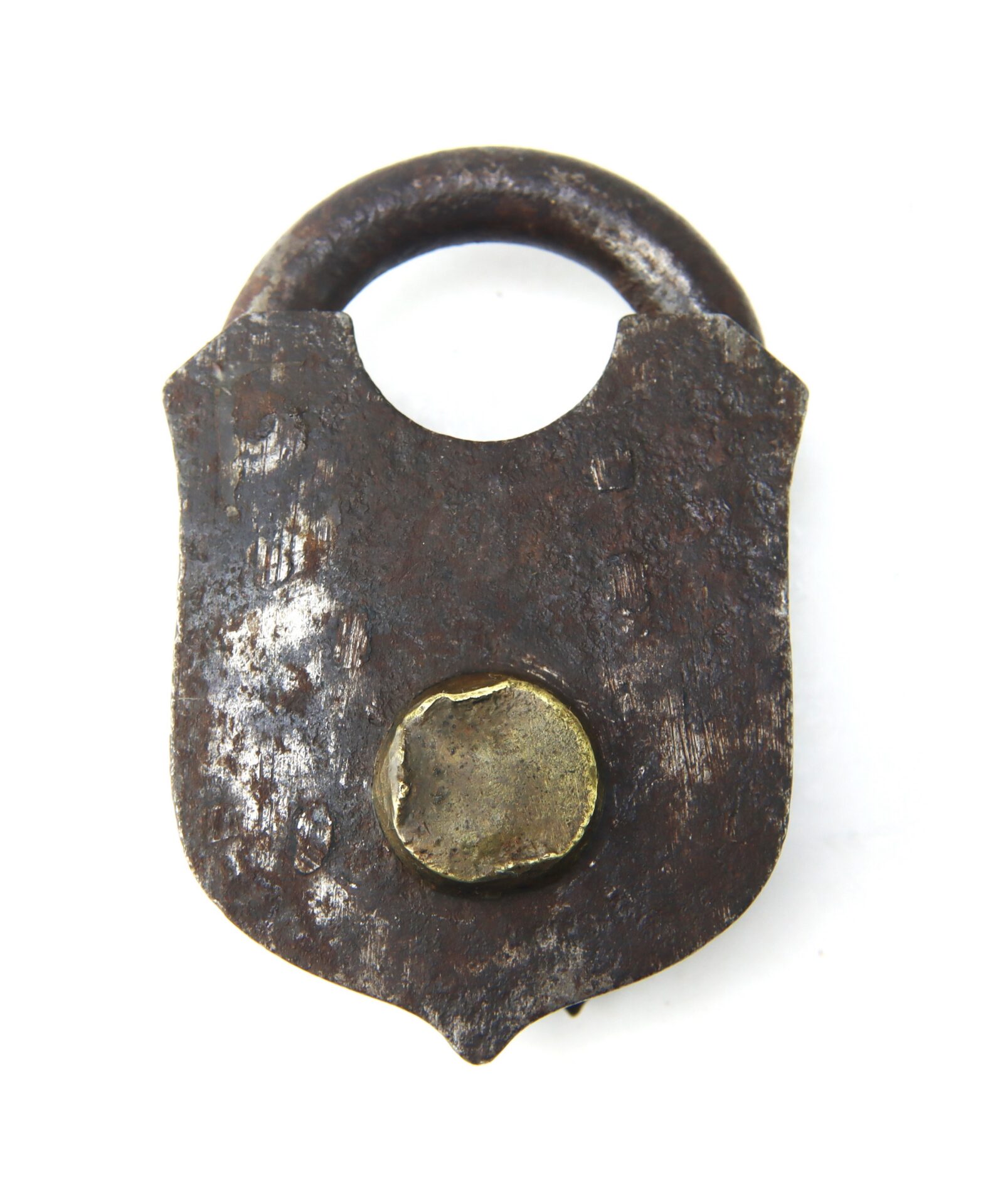Rusty old metal padlock with a rounded shackle and a prominent brass-colored circular detail on the front, photographed against a white background.