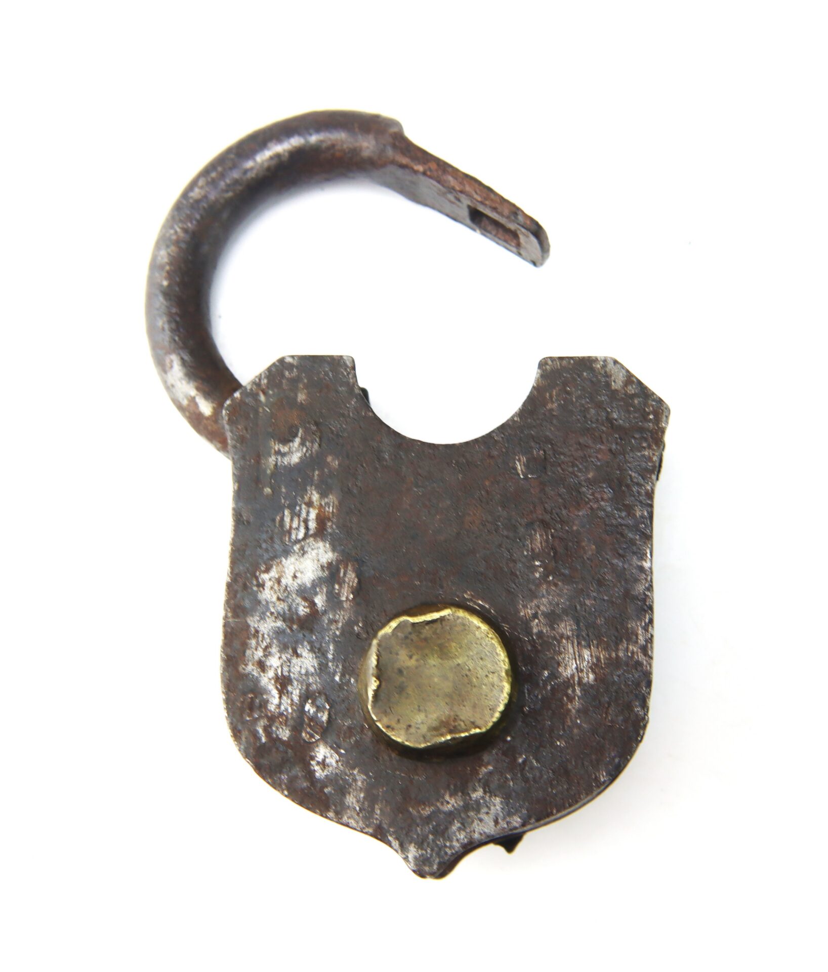 An old, rusty iron padlock with its shackle open and a brass keyhole in the center.
