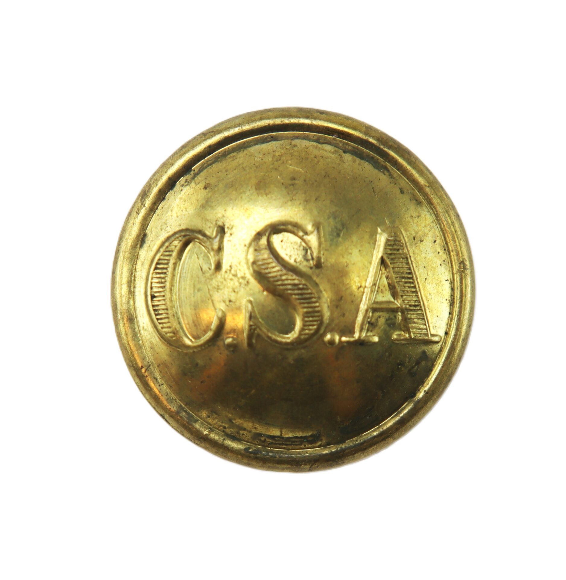 Round brass button engraved with the letters “C.S.A.” in uppercase.