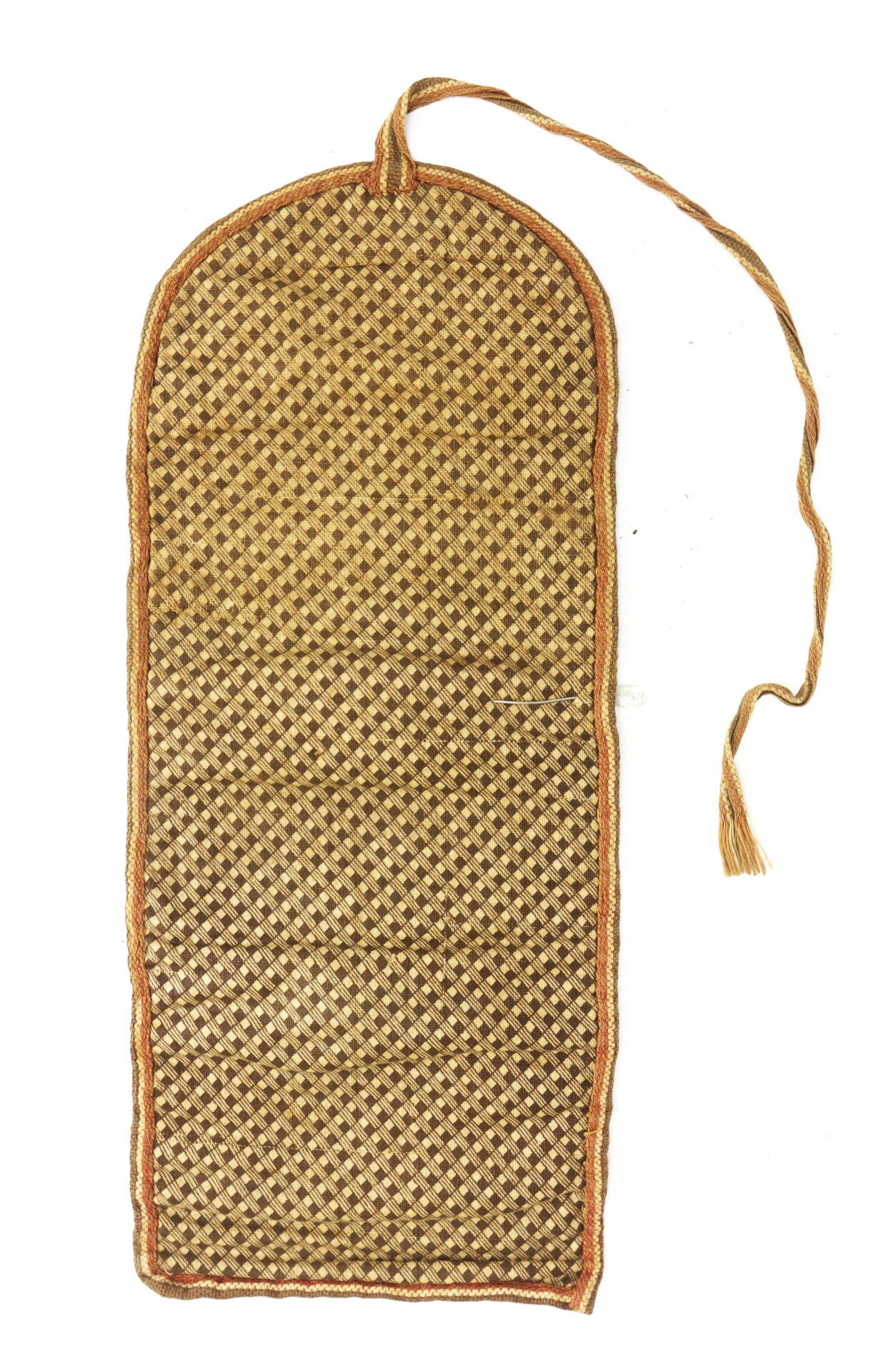 Woven rectangular mat with rounded top, a braided loop and tassel at one end, featuring a small checkered pattern in brown and tan.