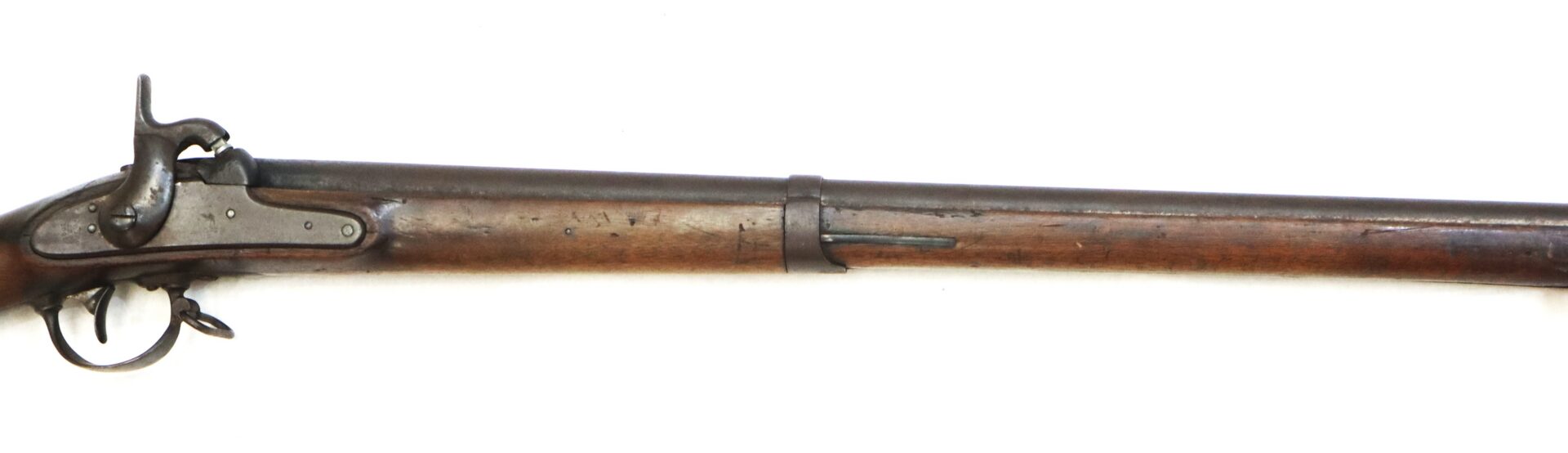 Model 1842 .69 Caliber Springfield Smoothbore Musket with an antique percussion lock, wooden stock, and steel barrel.