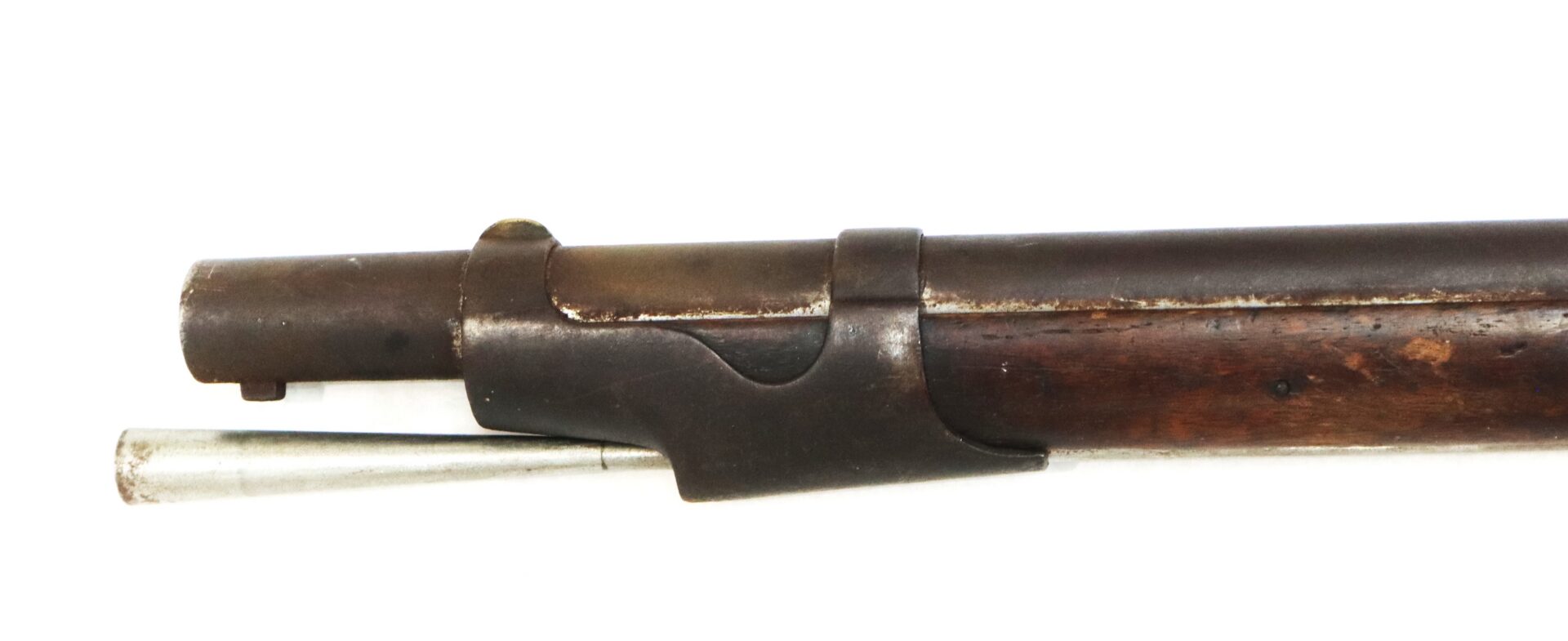 Close-up of a Model 1842 .69 Caliber Springfield Smoothbore Musket barrel, featuring a metal band and a cleaning rod extending underneath.
