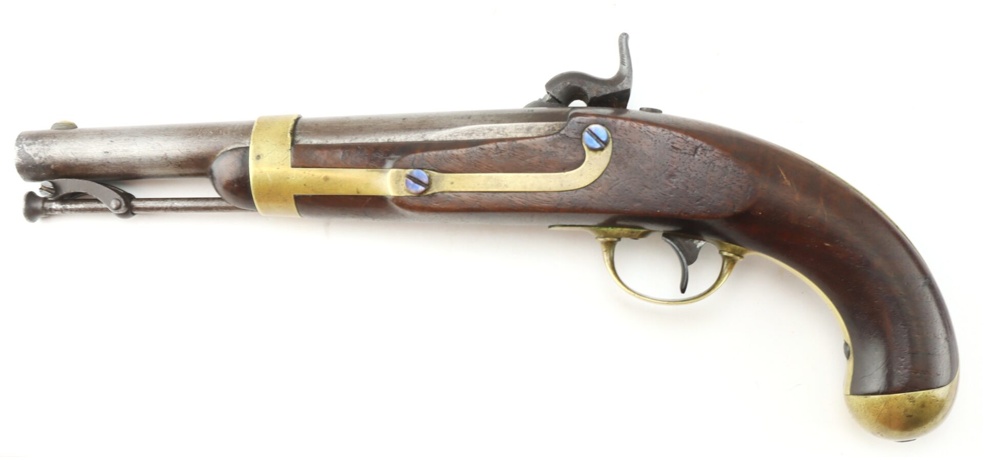 Antique flintlock pistol with a wooden grip, brass trigger guard, and metal barrel, displayed on a white background.