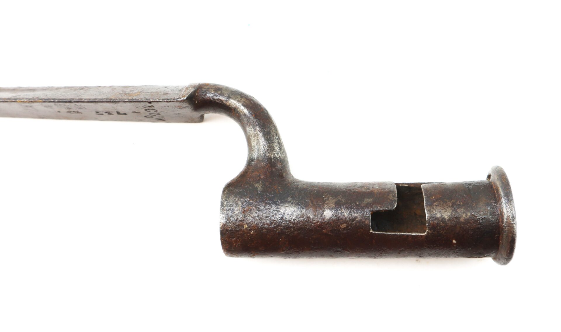 Close-up of a rusty metal socket bayonet with a curved neck and locking slot, set against a plain white background.