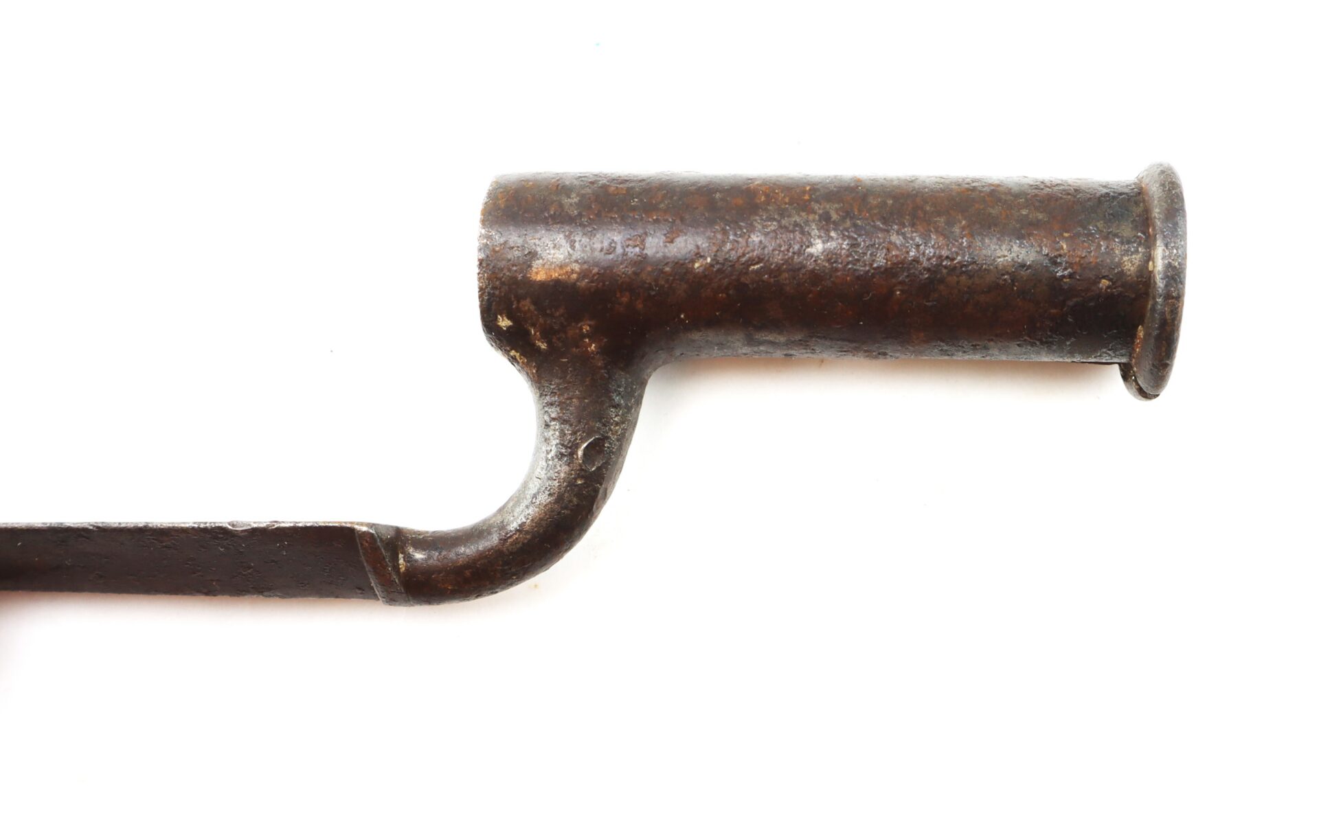 Close-up of a rusted metal socket bayonet on a white background, showing the cylindrical socket and part of the blade attachment.