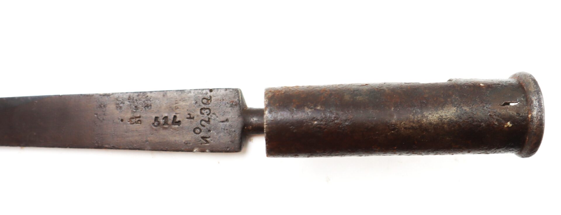 Rusty metal blade with cylindrical handle, featuring engraved numbers and letters near the base, photographed on a white background.