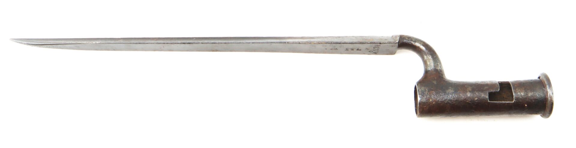 A metal socket bayonet with a long, narrow blade and a cylindrical attachment point for mounting on a rifle.