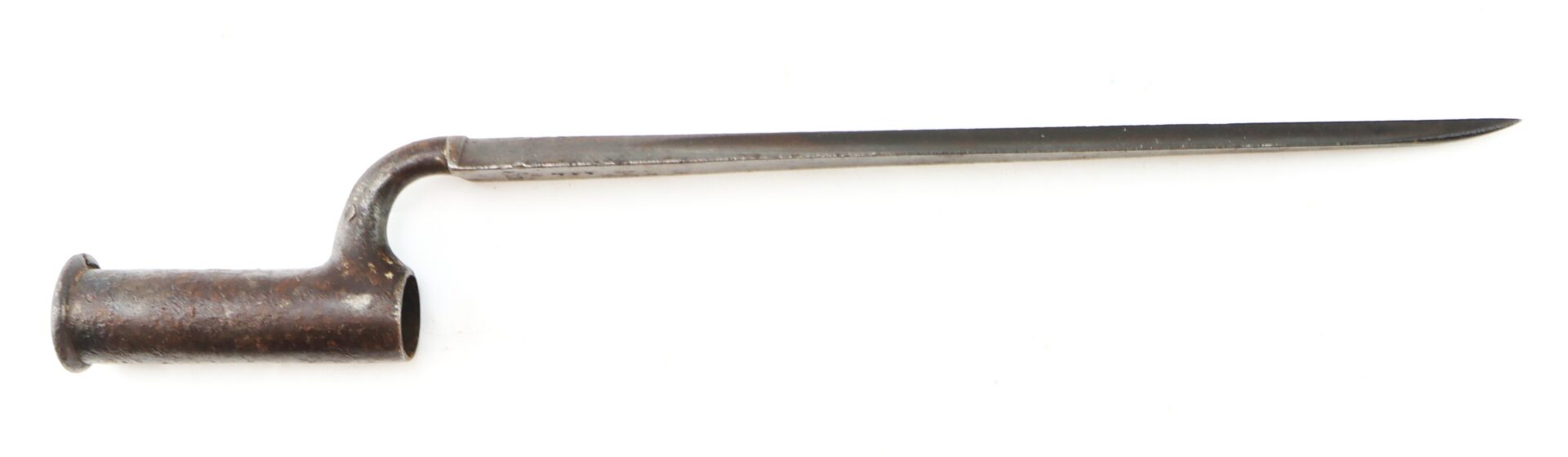 A metal socket bayonet with a cylindrical base and a straight, tapered blade, photographed on a white background.