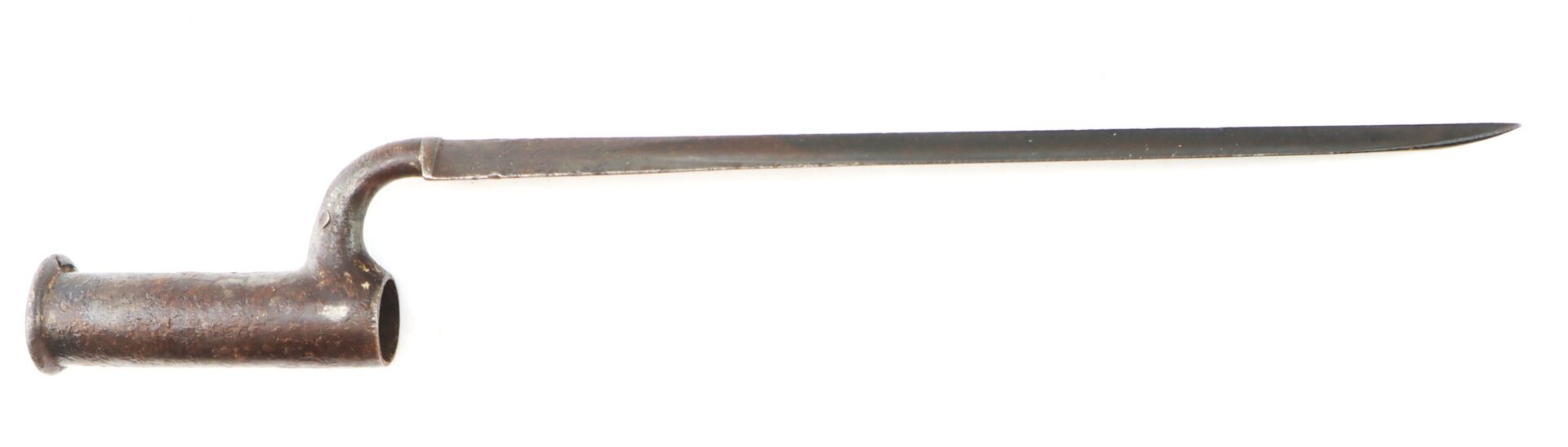 A metal socket bayonet with a cylindrical base and a single-edged blade extending at a right angle.