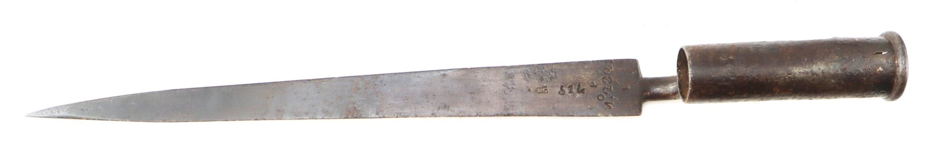 A metal spike bayonet with a cylindrical socket handle and a tapered, pointed blade, shown against a white background.