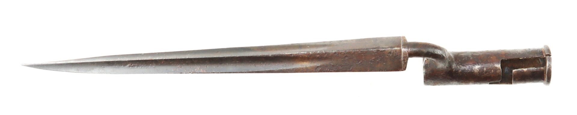 A rusted, pointed, metal socket bayonet with a tapered blade and cylindrical attachment end, isolated on a white background.