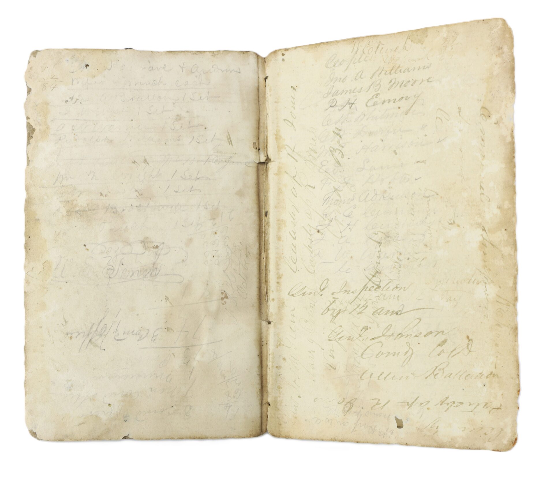 An old, worn book is opened to two pages filled with faded, handwritten names and notes in cursive script.