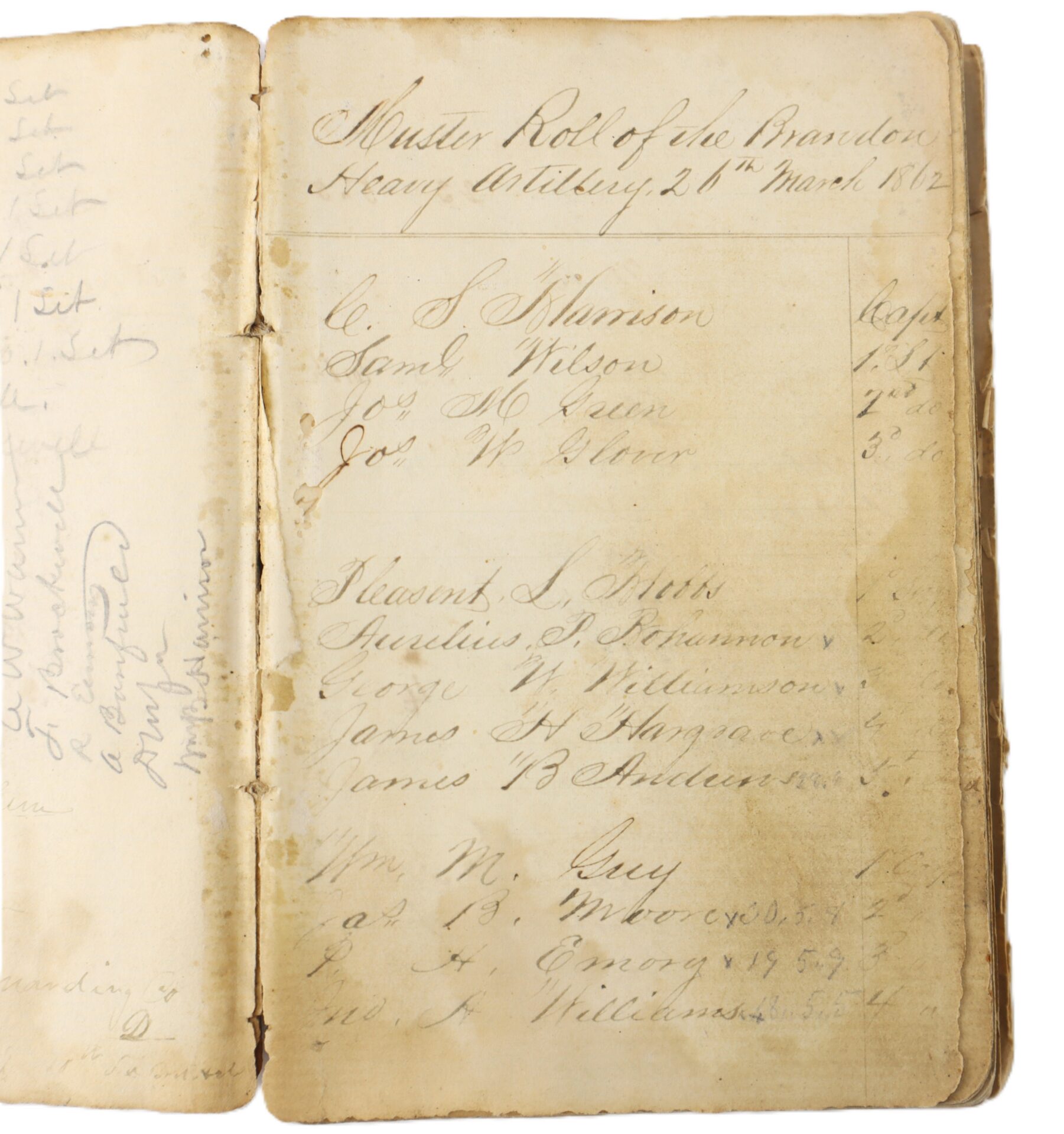 Aged, handwritten muster roll book open to two pages, listing names, ages, and dates in cursive script on yellowed paper.
