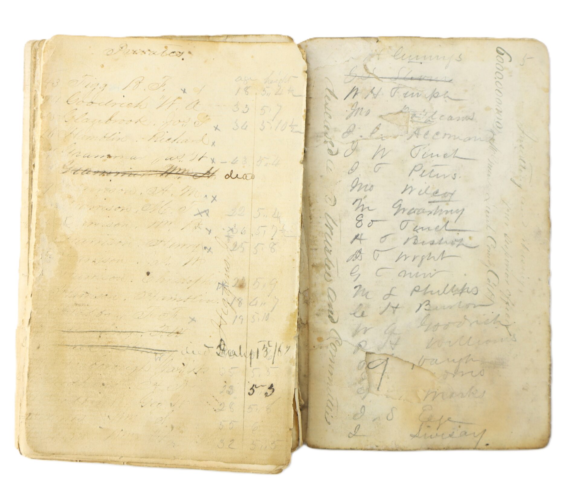 An old, worn notebook open to two handwritten pages with lists of names, numbers, and words in faded ink; some text is crossed out and the pages show signs of age.