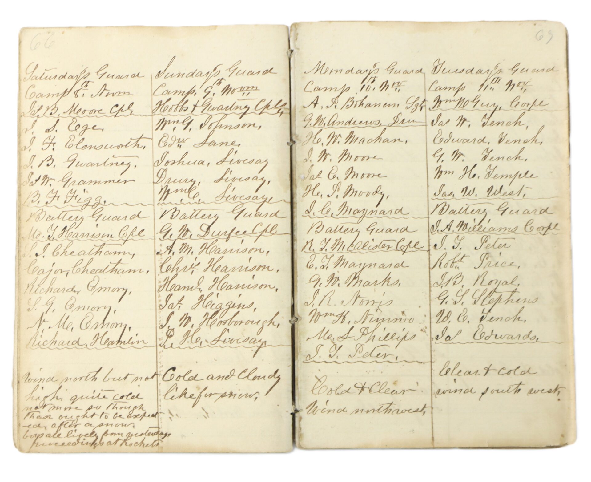 An open notebook displays lists of handwritten names and weather notes, organized under headings for different days and camps.