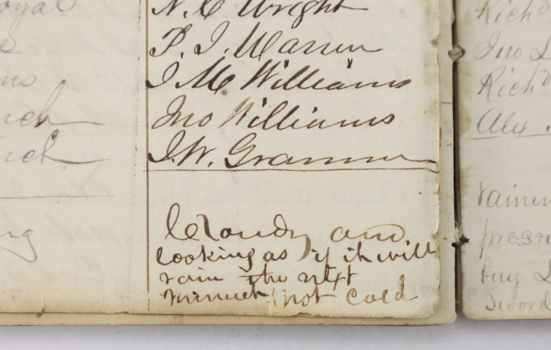 A page with handwritten signatures at the top and a note at the bottom reading, “Cloudy am, looking as if it will rain the afternoon, not cold.”.