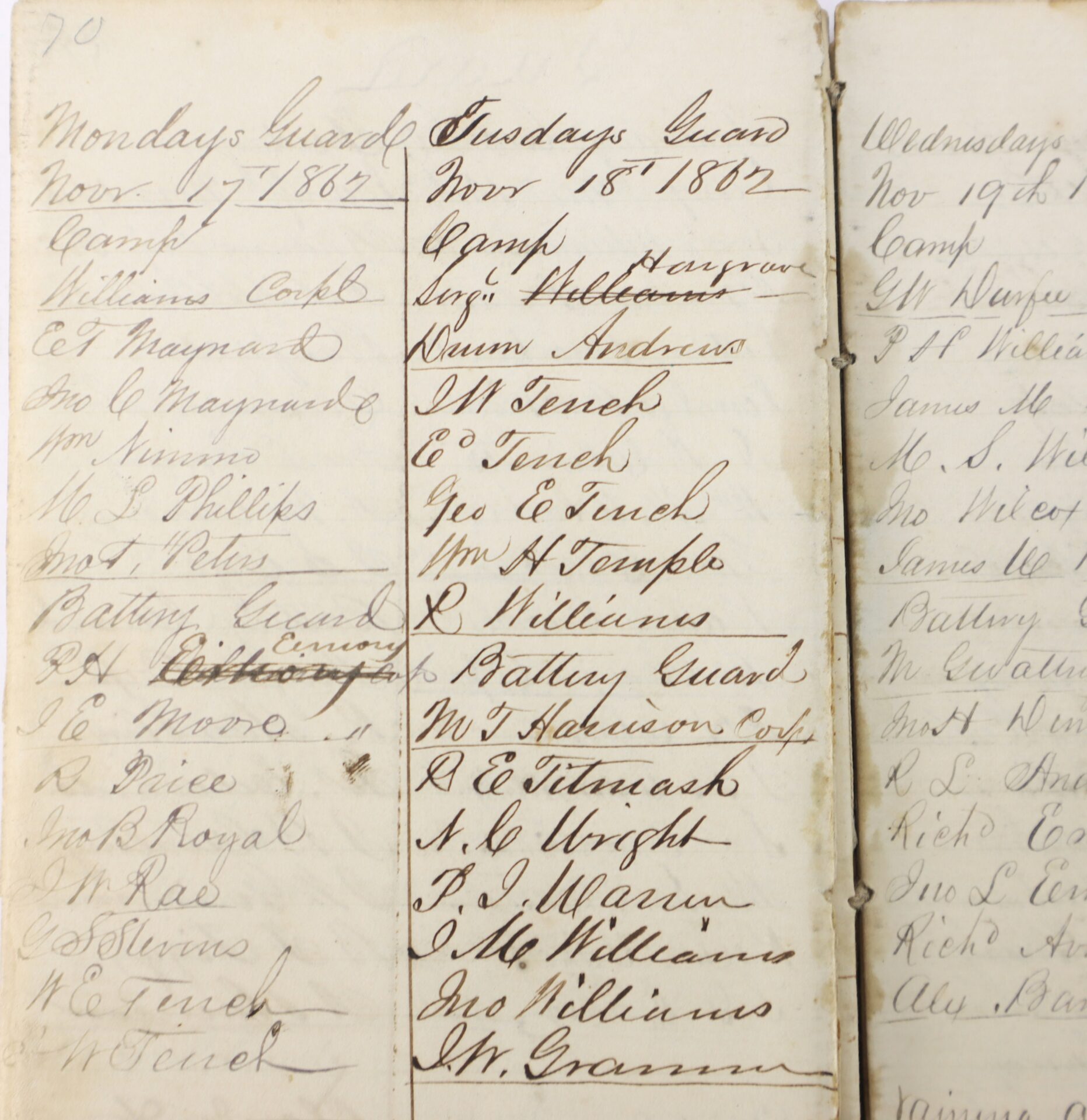 Handwritten list from 1862 details names and guard assignments for Monday, November 17, and Tuesday, November 18 at a camp. The lists include officer and soldier names in ink.