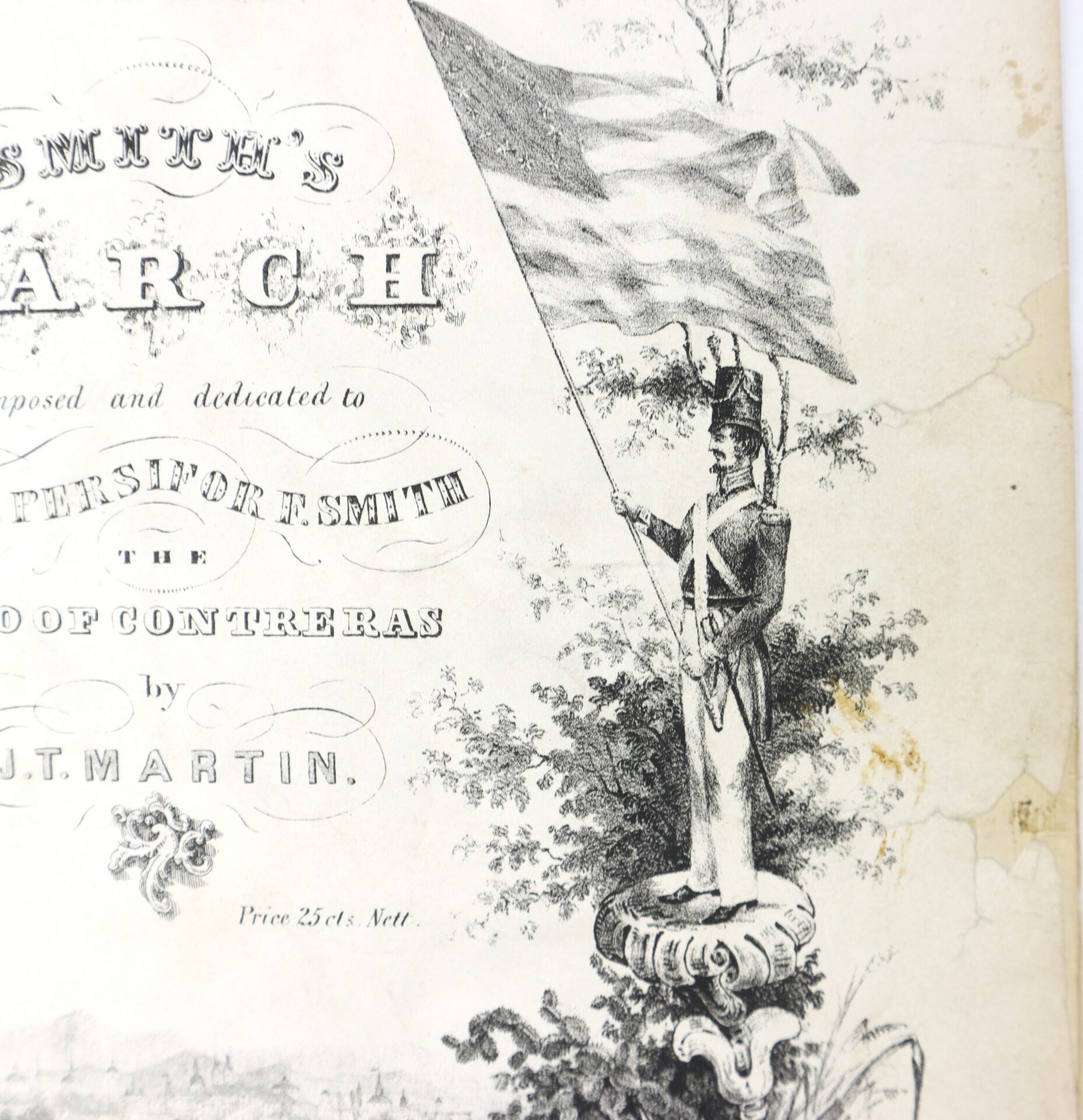 Black-and-white illustration of a soldier in uniform holding a large flag, standing on a pedestal, with decorative text in the background.
