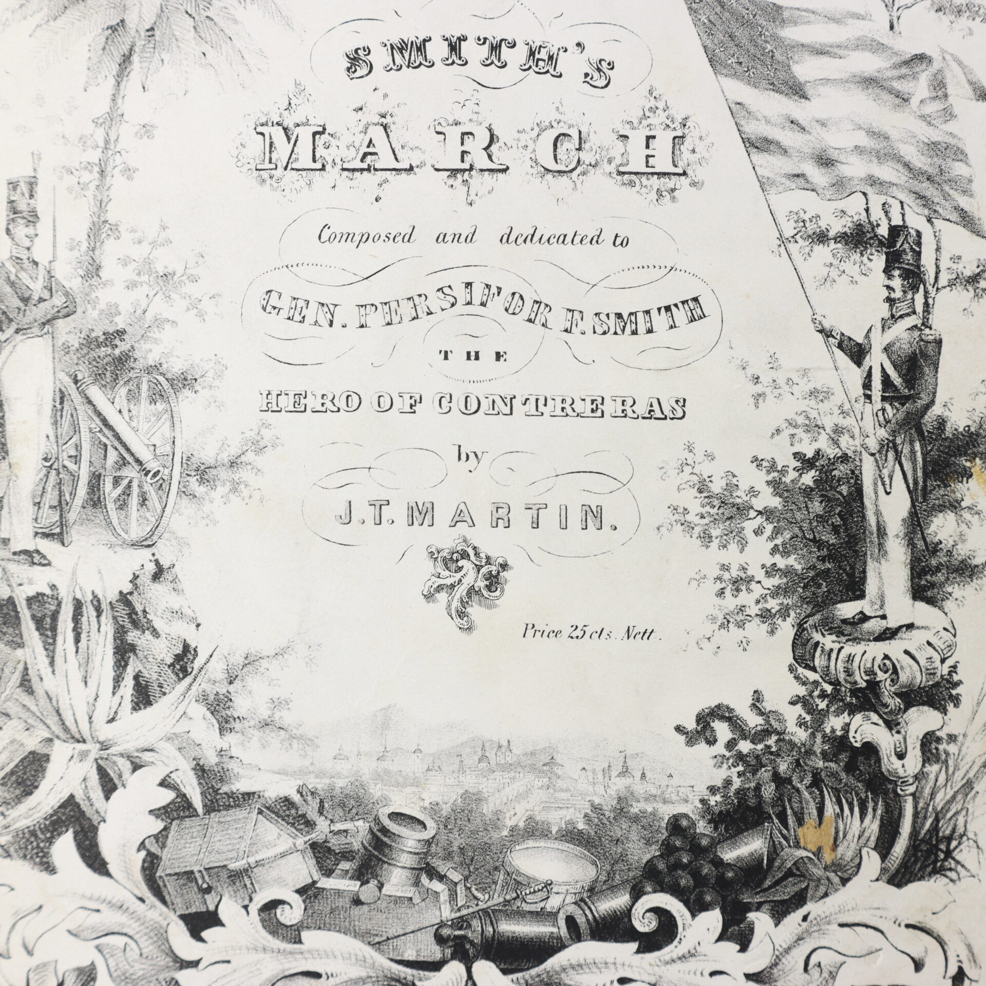 Sheet music cover for “Smith’s March” by J.T. Martin, featuring illustrations of soldiers, a cannon, foliage, and musical instruments. Text dedicates the piece to Gen. Persifer F. Smith.