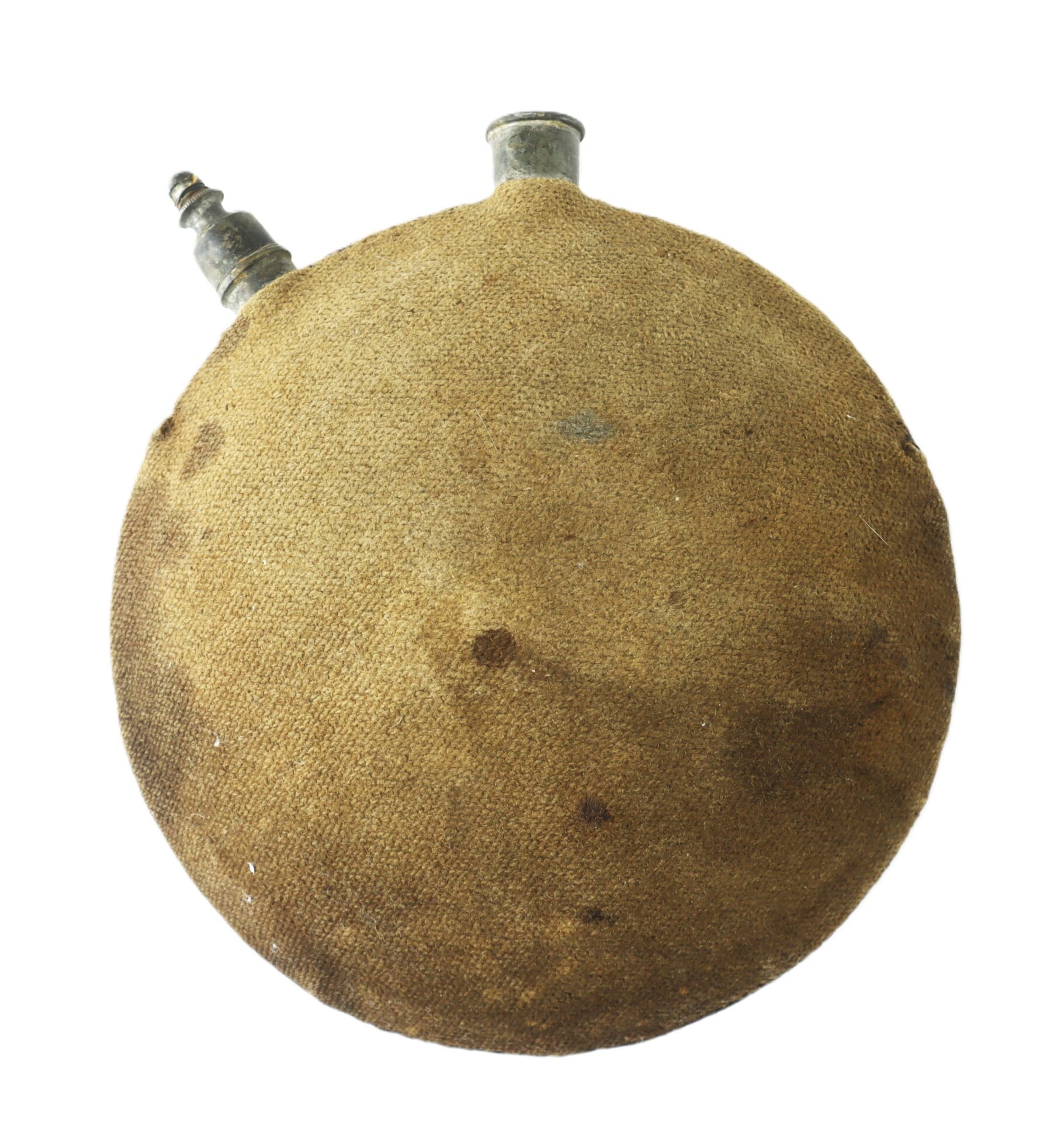 A round, vintage canteen covered in brown fabric with two metal spouts on top, isolated on a white background.