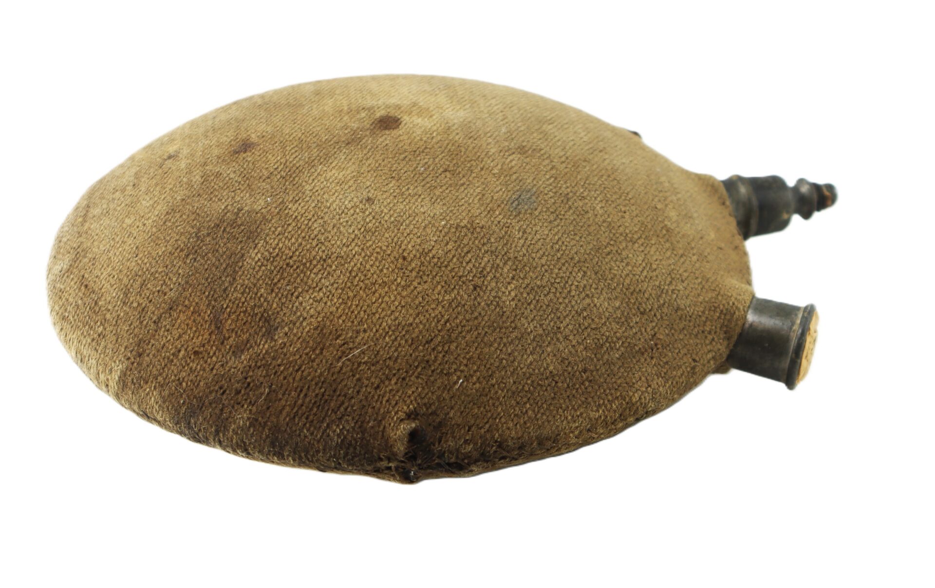 A vintage fabric-covered canteen with two metal spouts, lying flat on a white background.