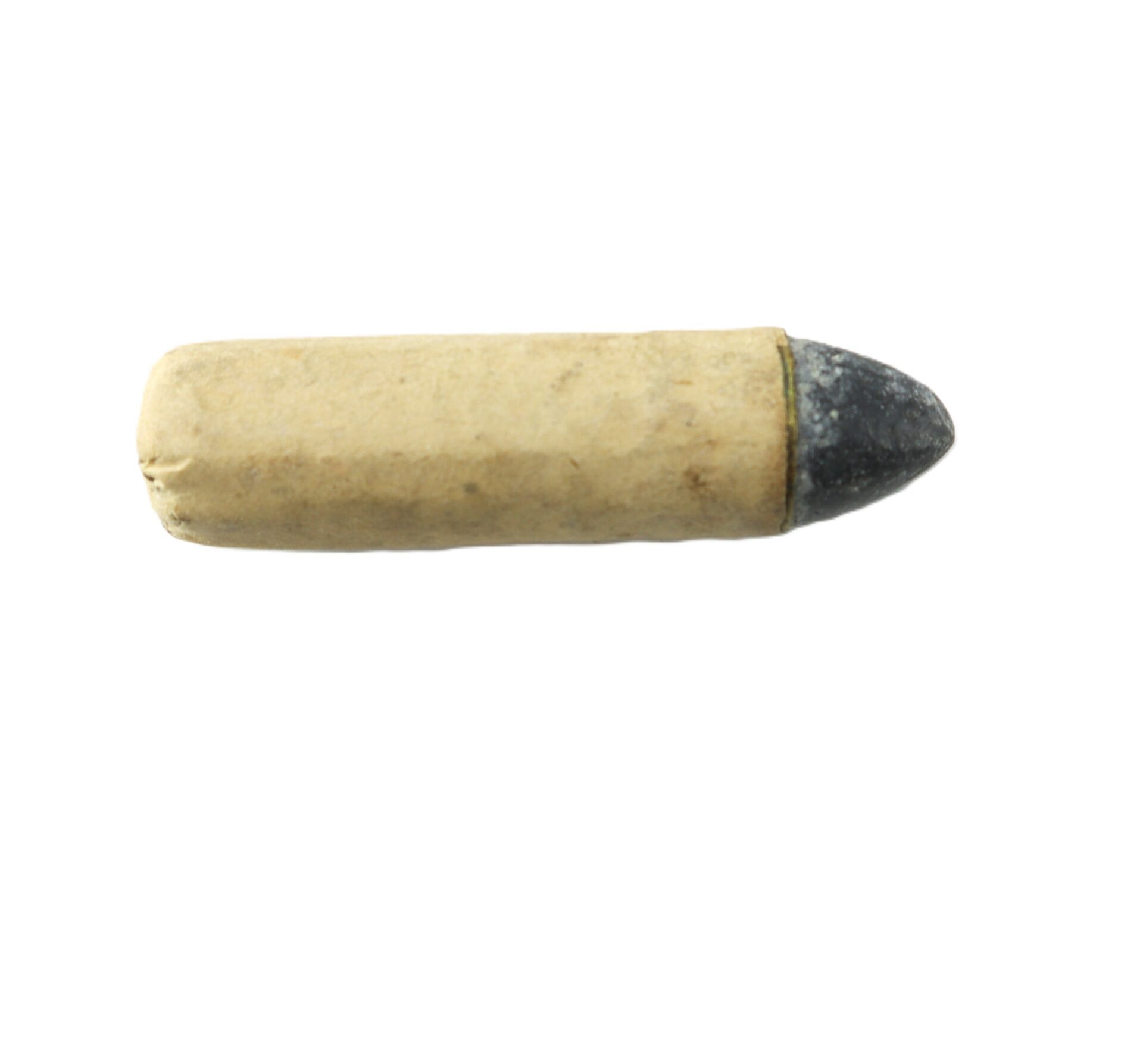 A single paper-wrapped bullet cartridge with a conical lead tip isolated on a white background.