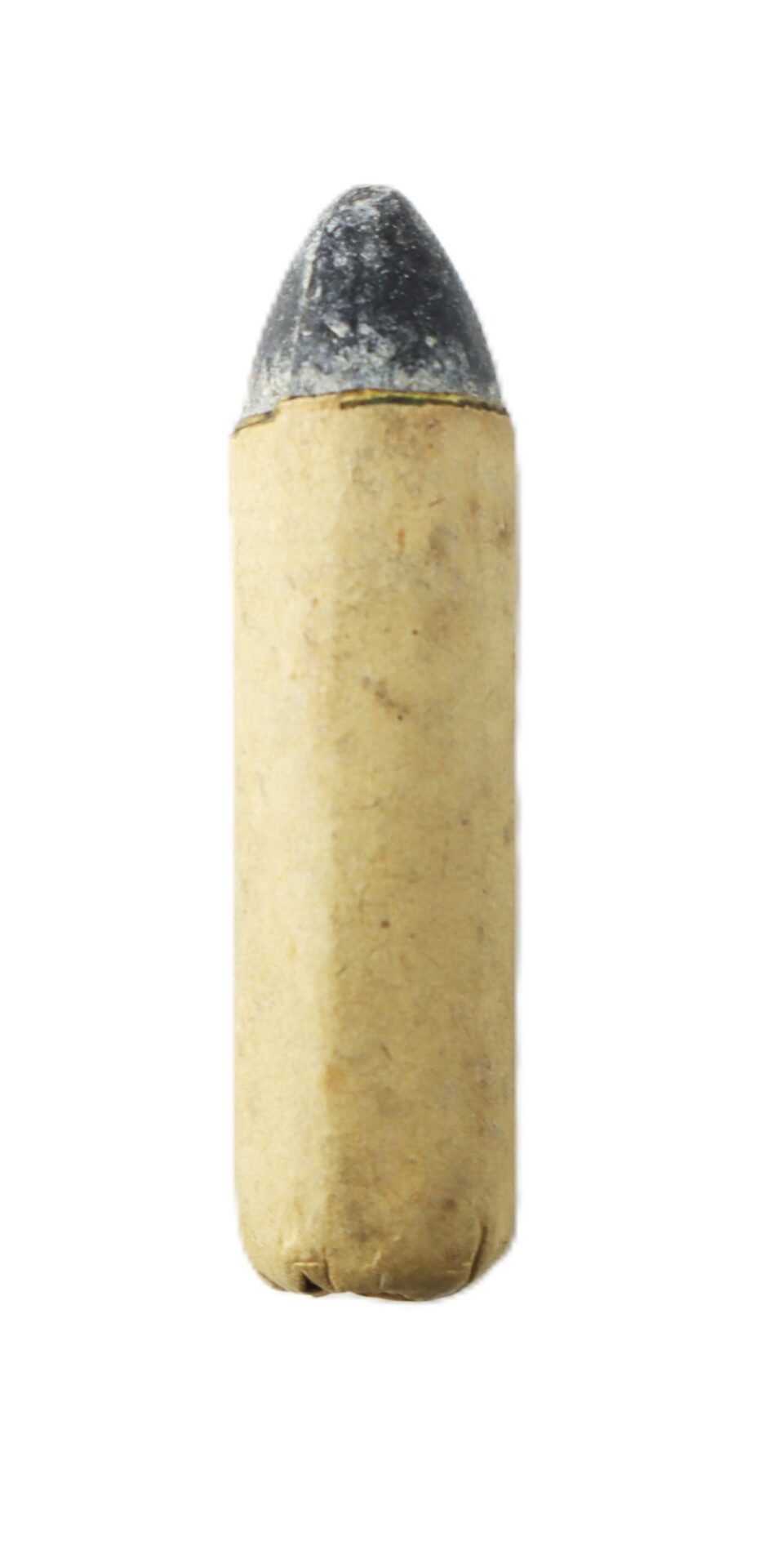 A vintage bullet with a dark pointed tip and a tan cylindrical paper casing, shown upright against a white background.