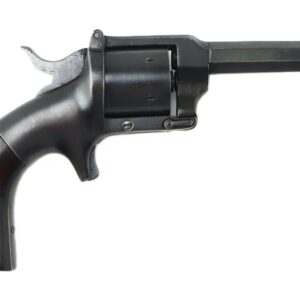 Side view of an antique black revolver with a wooden handle and a long octagonal barrel, isolated on a white background.