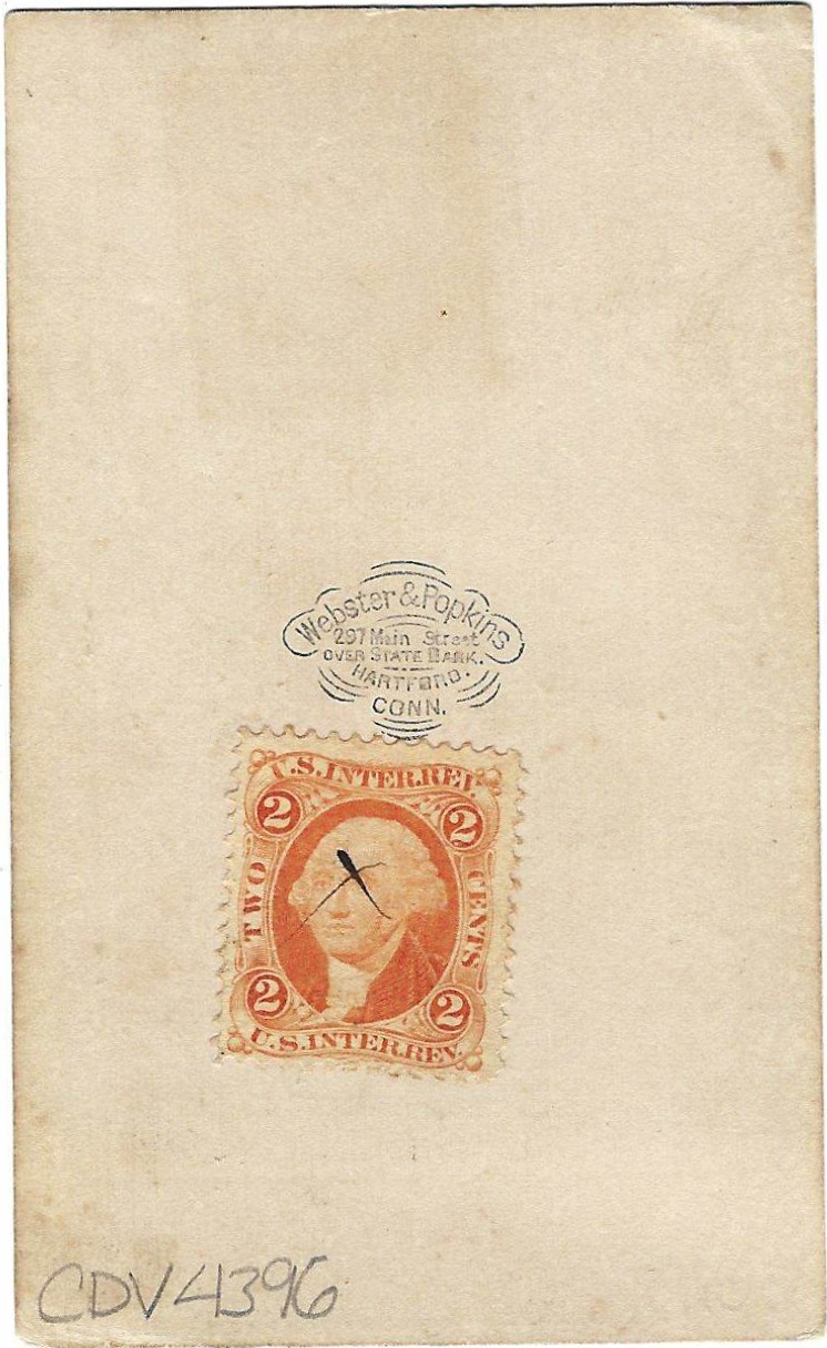 A vintage card with a Webster & Hopkins stamp, a red 2-cent U.S. Internal Revenue stamp with a black X mark, and handwritten code “CDV4396” at the bottom.
