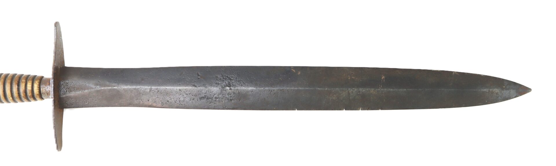 A vintage dagger with a double-edged steel blade and a ridged brass handle.
