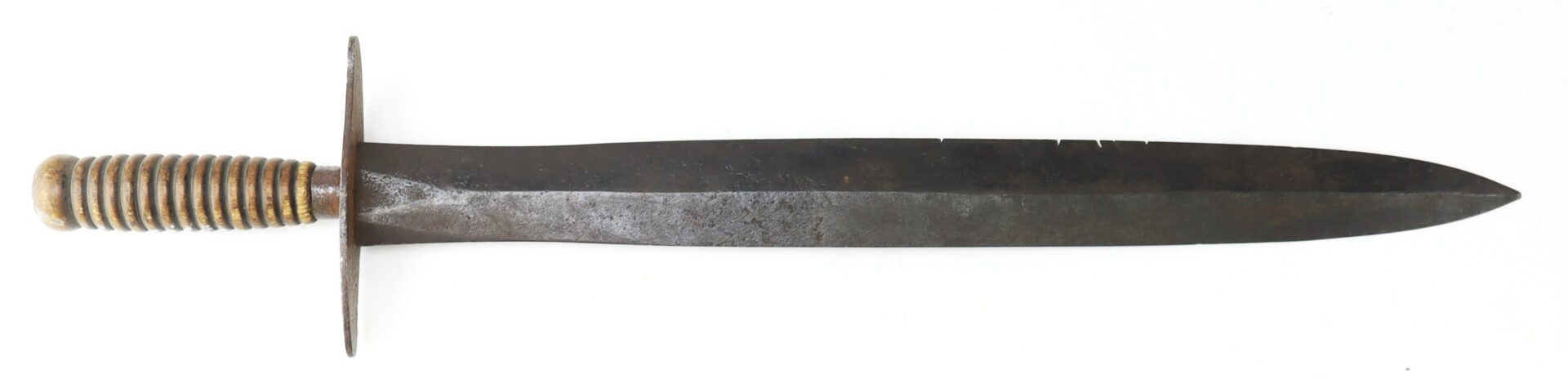 A historical dirk with a ribbed handle and a straight, double-edged blade.