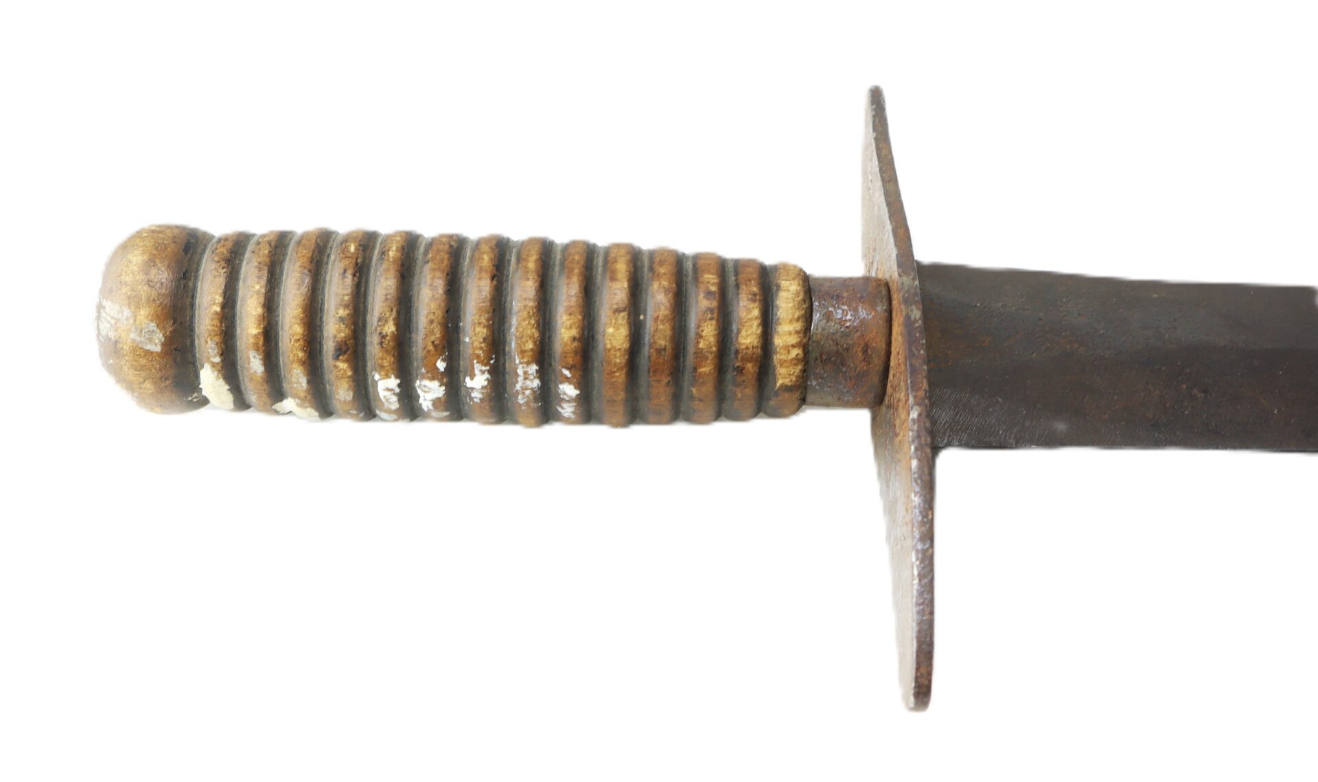 The handle and partial blade of a vintage knife with a ridged wooden grip and a metal guard.